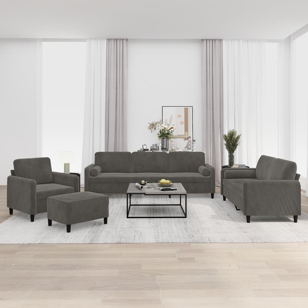 4 Piece Sofa Set with Throw Pillows&Cushions Dark Grey Velvet