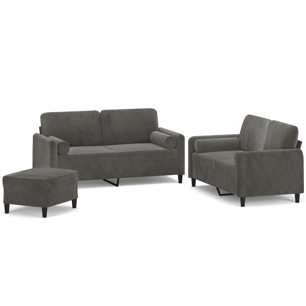 3 Piece Sofa Set with Throw Pillows&Cushions Dark Grey Velvet
