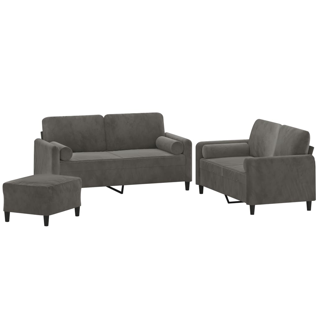 3 Piece Sofa Set with Throw Pillows&Cushions Dark Grey Velvet