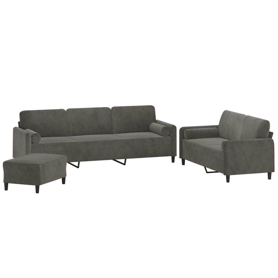 3 Piece Sofa Set with Throw Pillows&Cushions Dark Grey Velvet