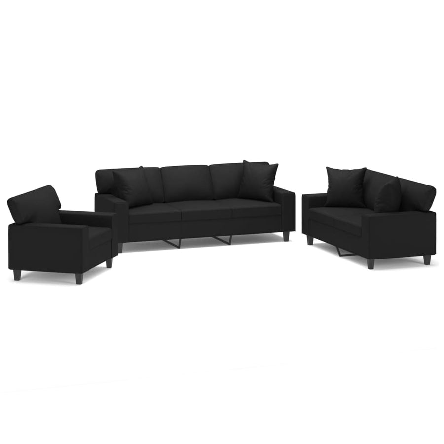 3 Piece Sofa Set with Pillows and Cushions Black Faux Leather