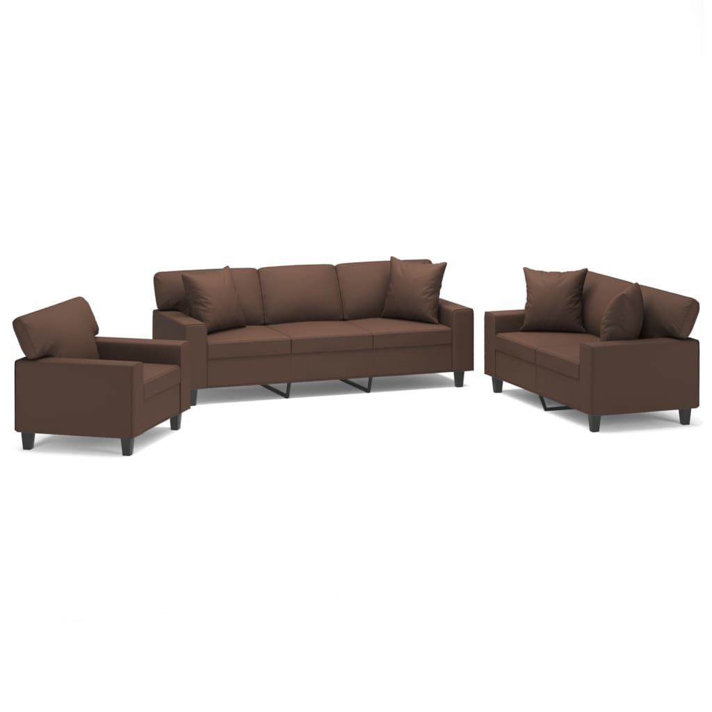 3 Piece Sofa Set with Pillows&Cushions Brown Faux Leather