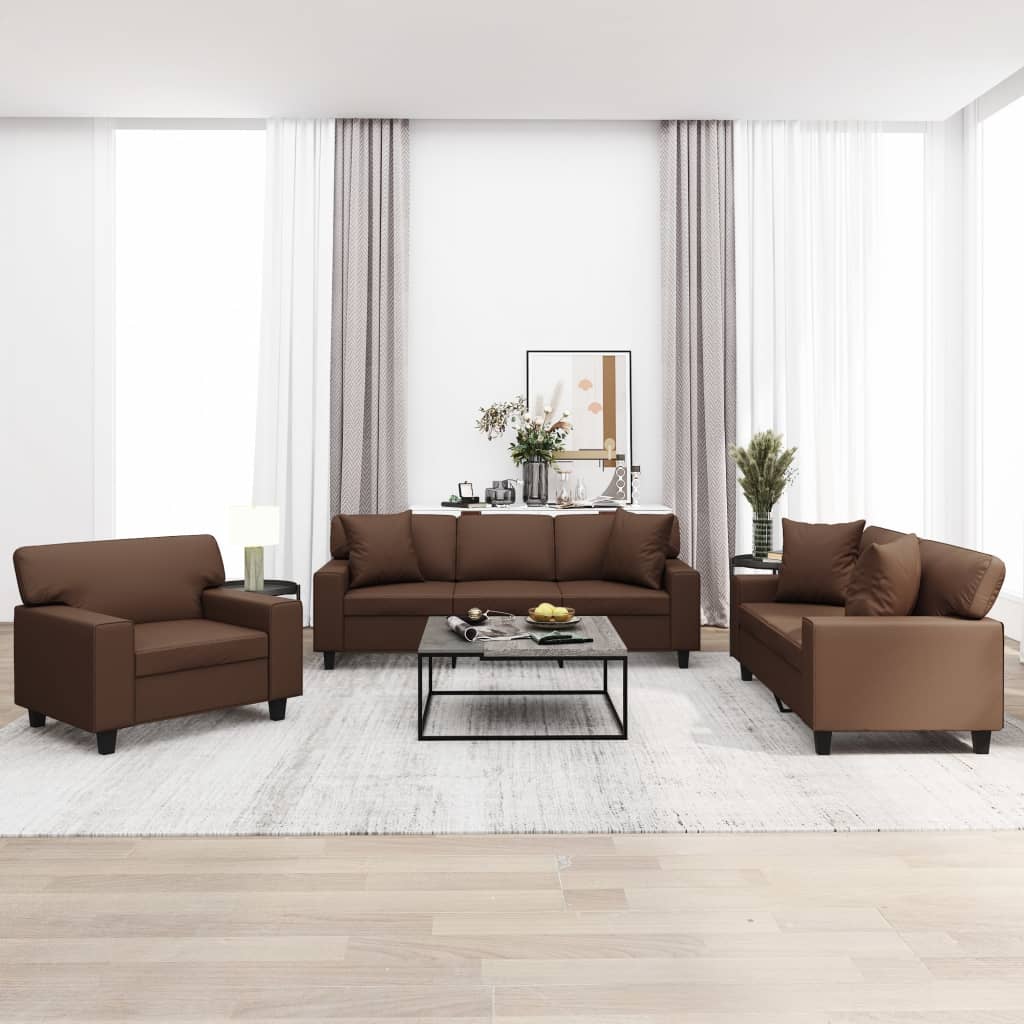 3 Piece Sofa Set with Pillows&Cushions Brown Faux Leather