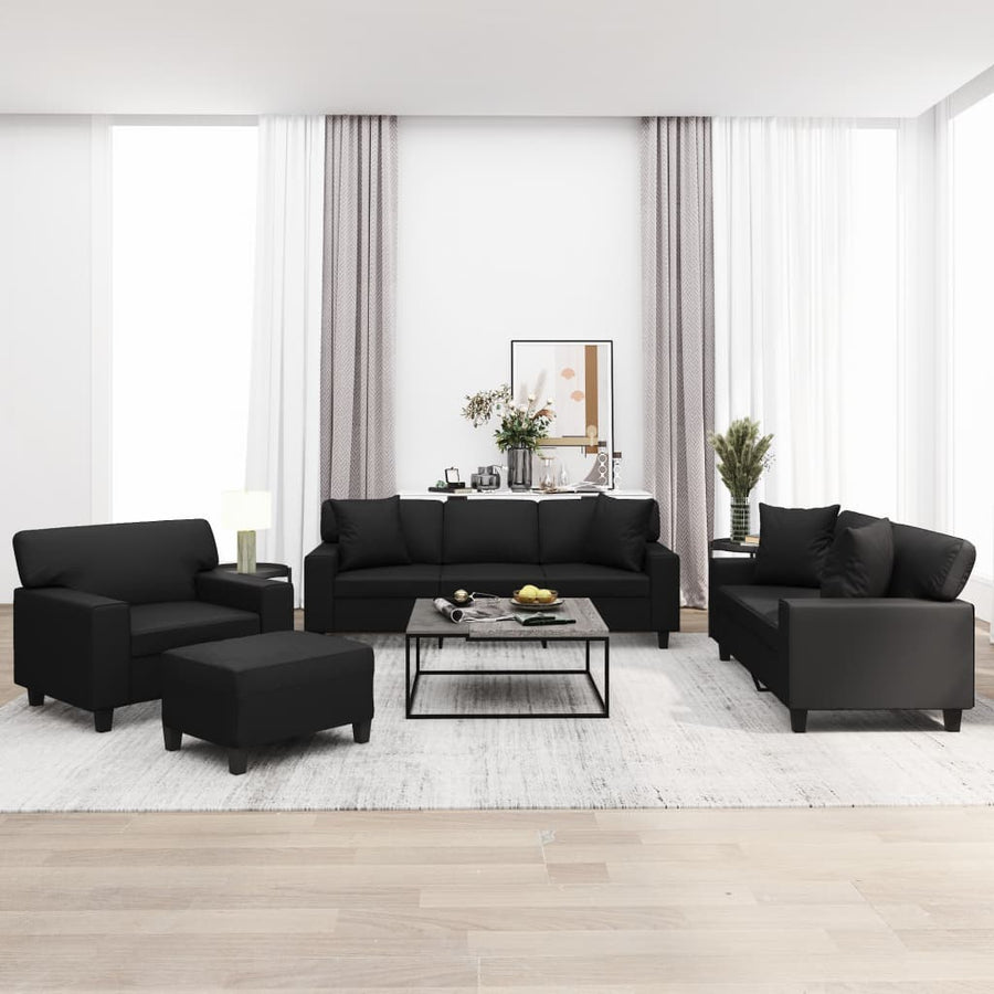 4 Piece Sofa Set with Pillows and Cushions Black Faux Leather