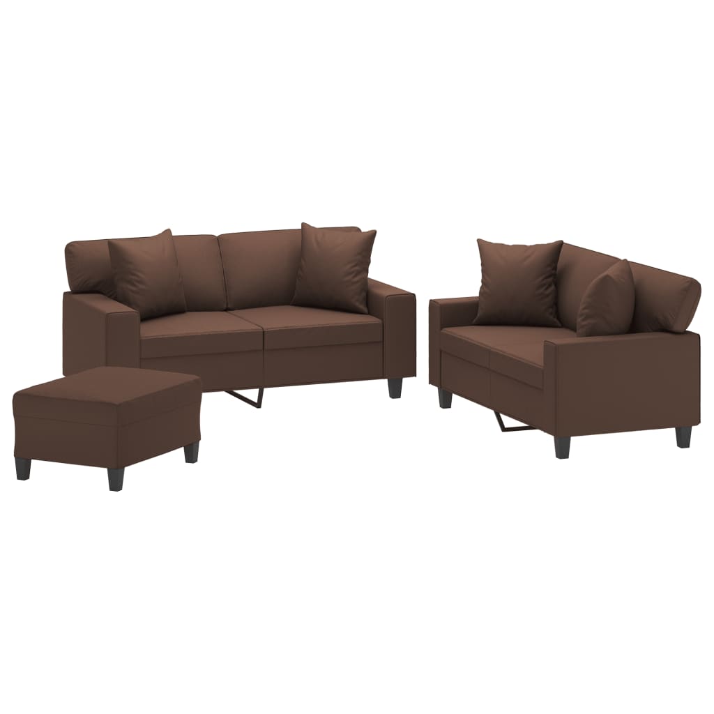 3 Piece Sofa Set with Pillows&Cushions Brown Faux Leather