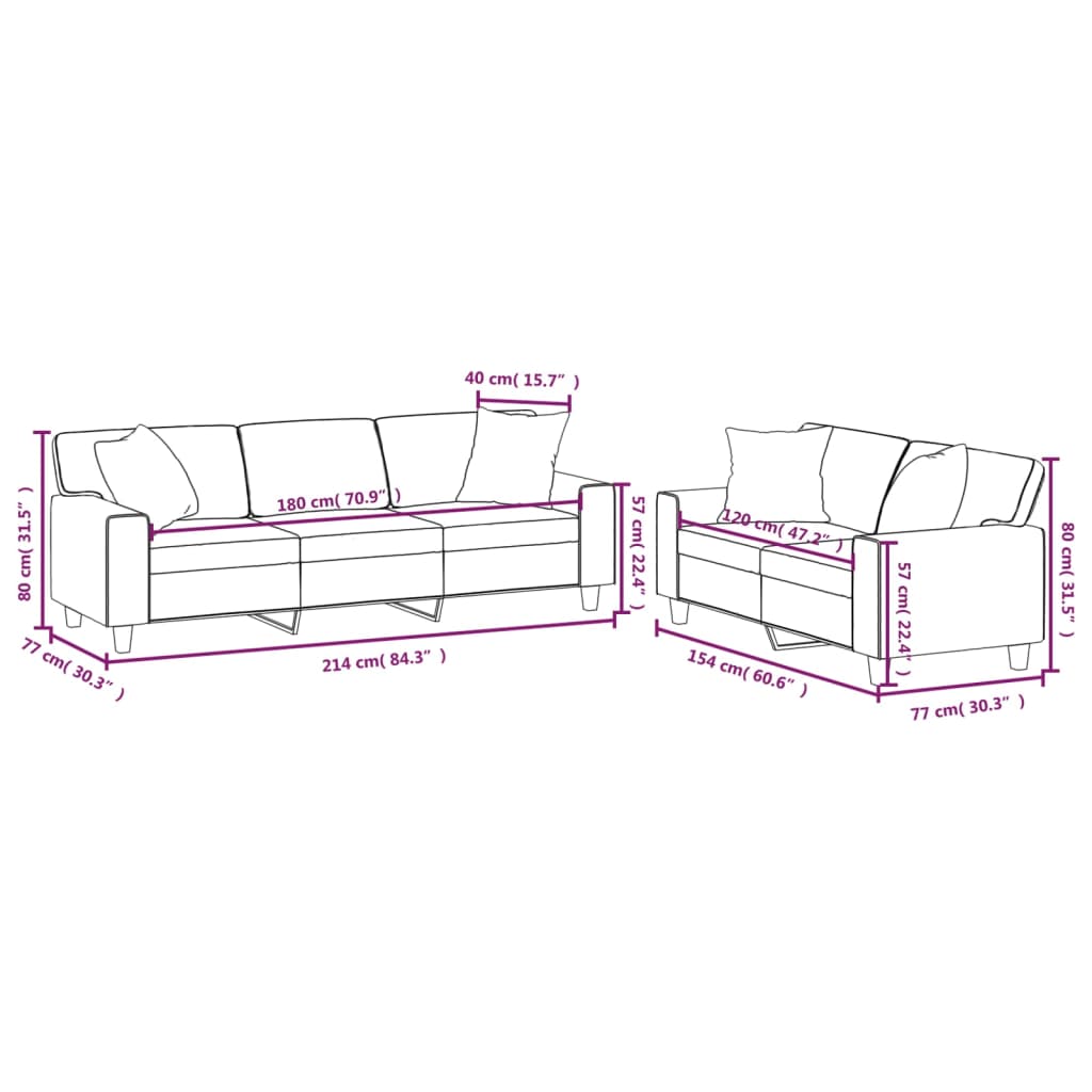 2 Piece Sofa Set with Pillows&Cushions Black Faux Leather
