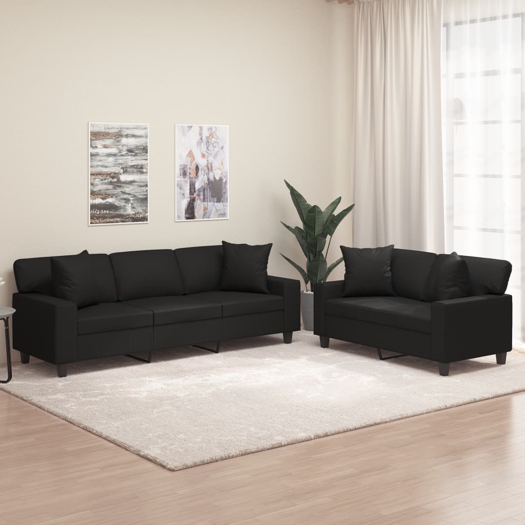 2 Piece Sofa Set with Pillows&Cushions Black Faux Leather