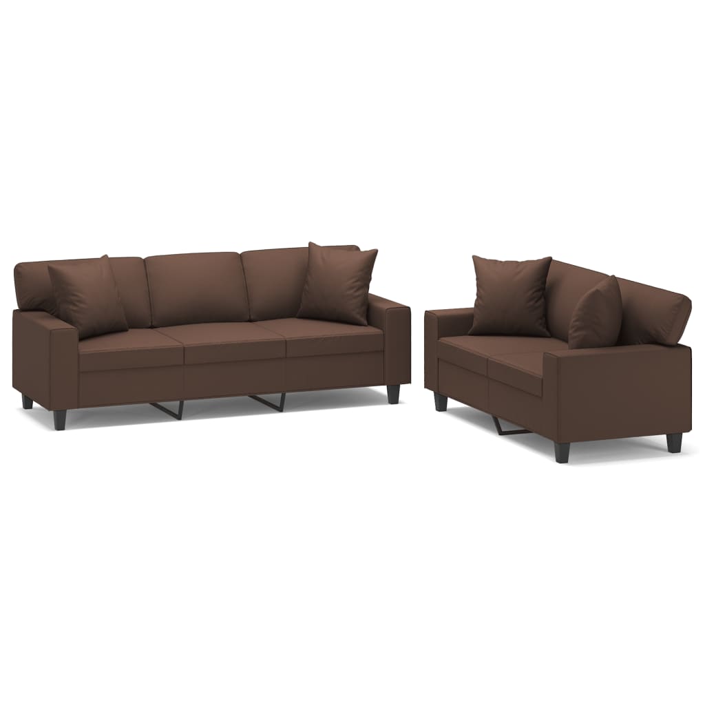 2 Piece Sofa Set with Pillows&Cushions Brown Faux Leather