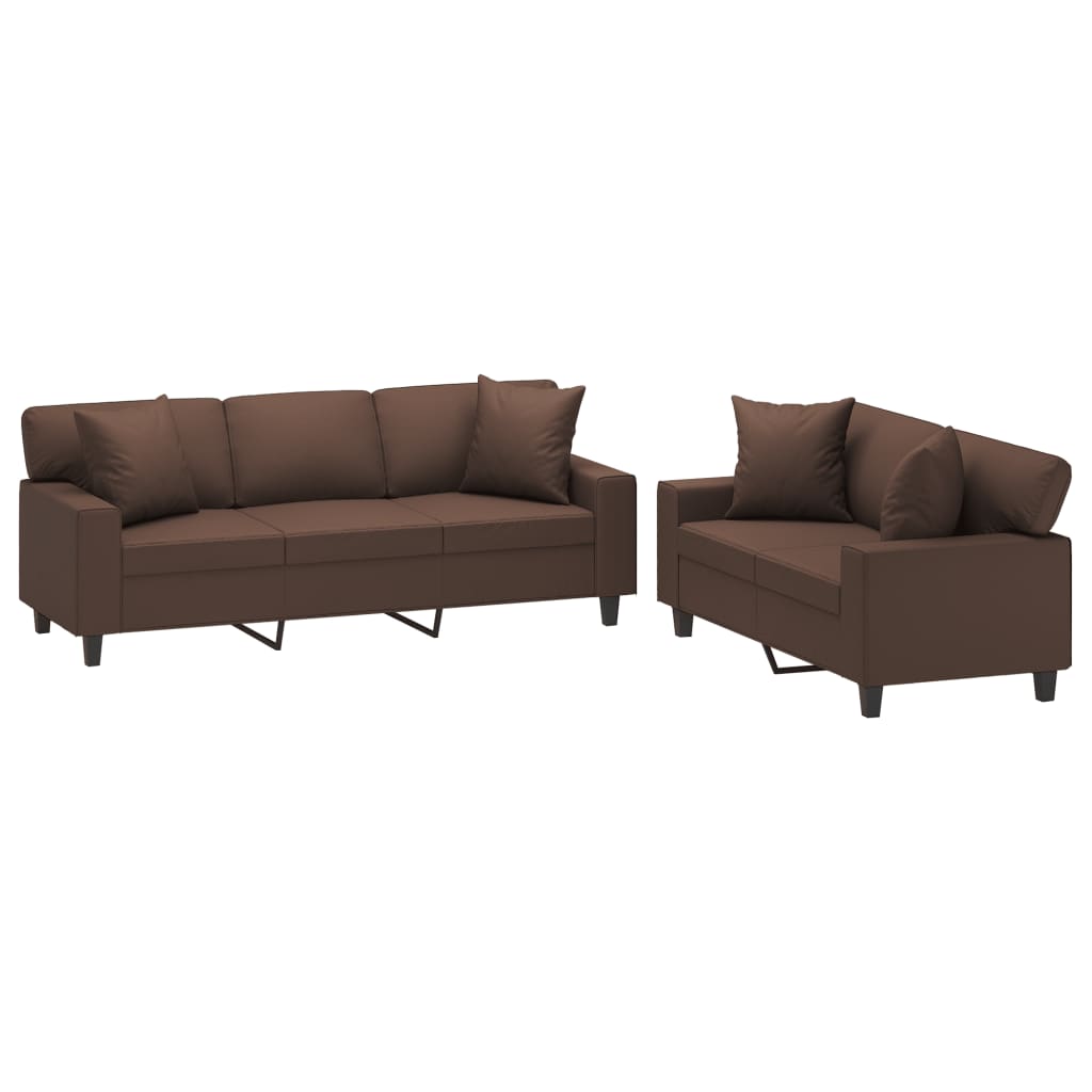 2 Piece Sofa Set with Pillows&Cushions Brown Faux Leather
