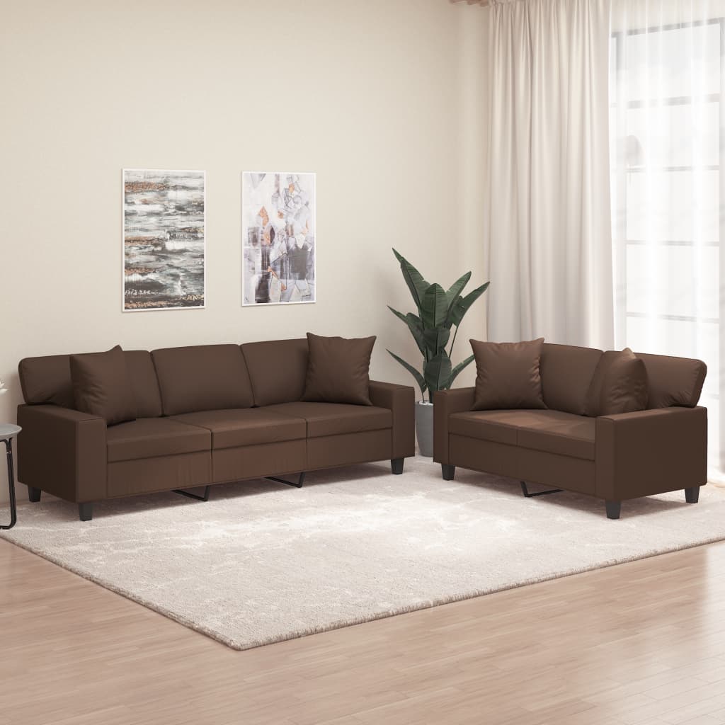 2 Piece Sofa Set with Pillows&Cushions Brown Faux Leather