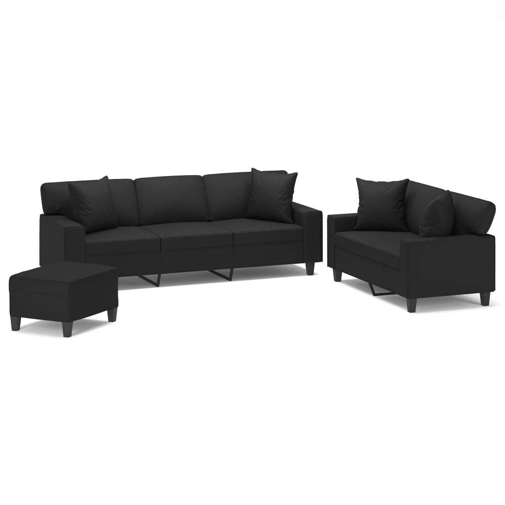3 Piece Sofa Set with Pillows&Cushions Black Faux Leather