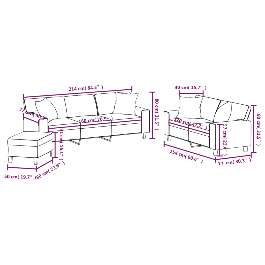 3 Piece Sofa Set with Pillows&Cushions Black Faux Leather