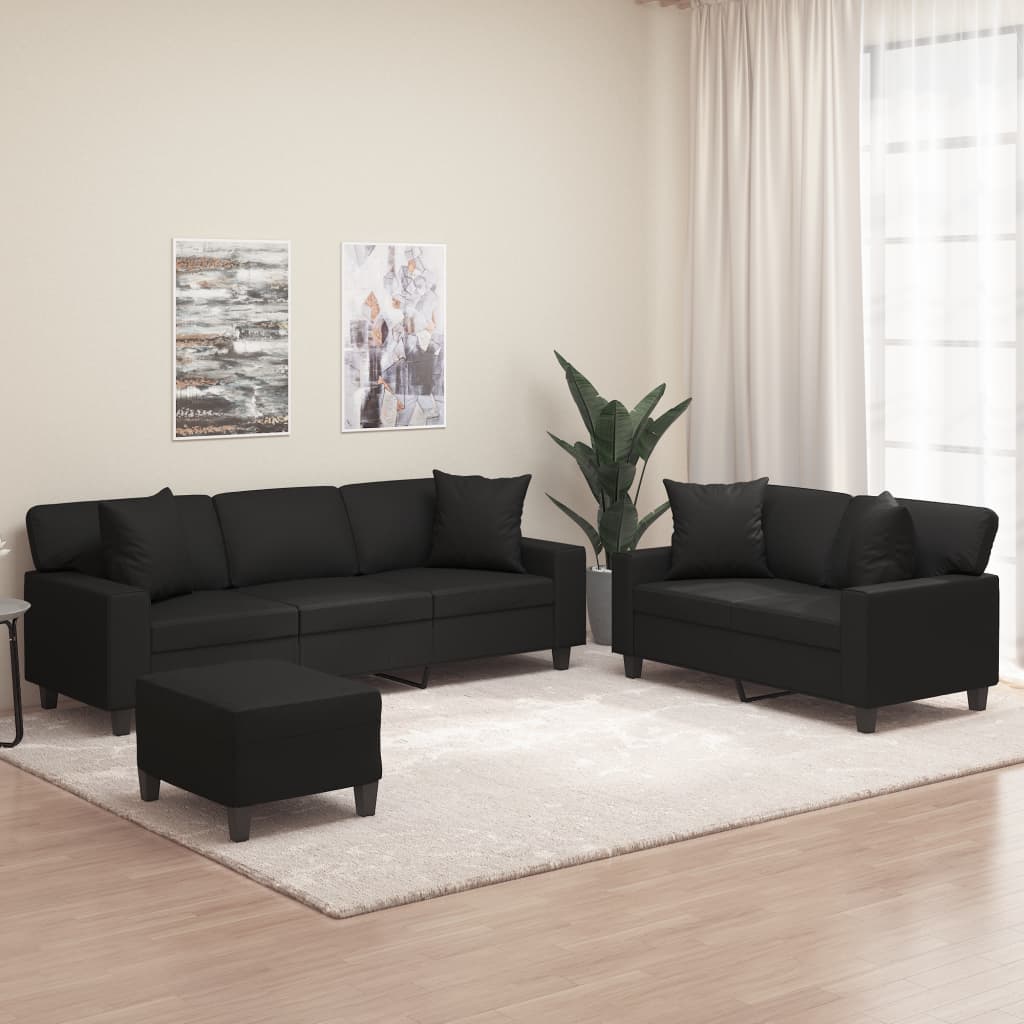 3 Piece Sofa Set with Pillows&Cushions Black Faux Leather