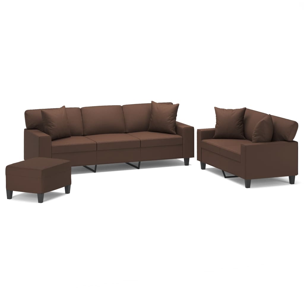 3 Piece Sofa Set with Pillows&Cushions Brown Faux Leather