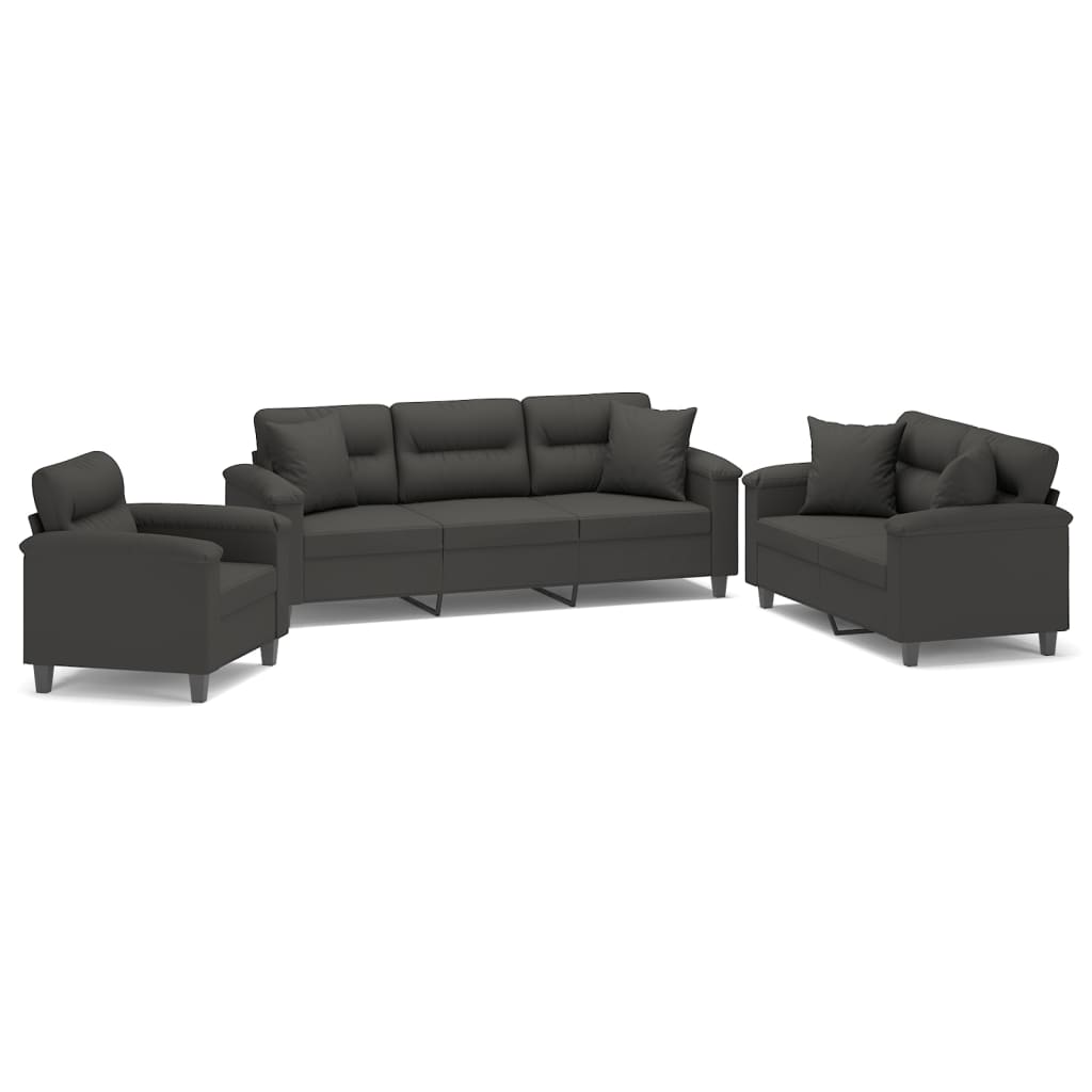 3 Piece Sofa Set with Pillows Dark Grey Microfibre Fabric