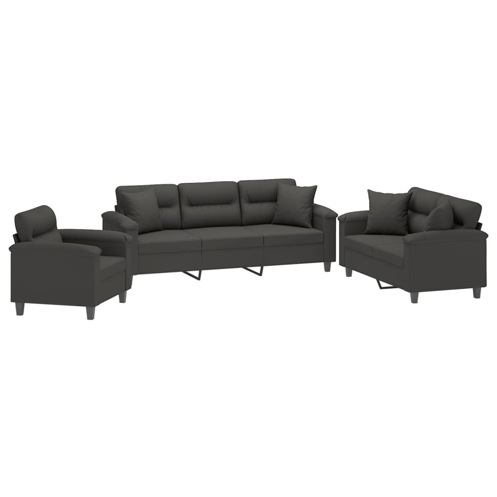 3 Piece Sofa Set with Pillows Dark Grey Microfibre Fabric