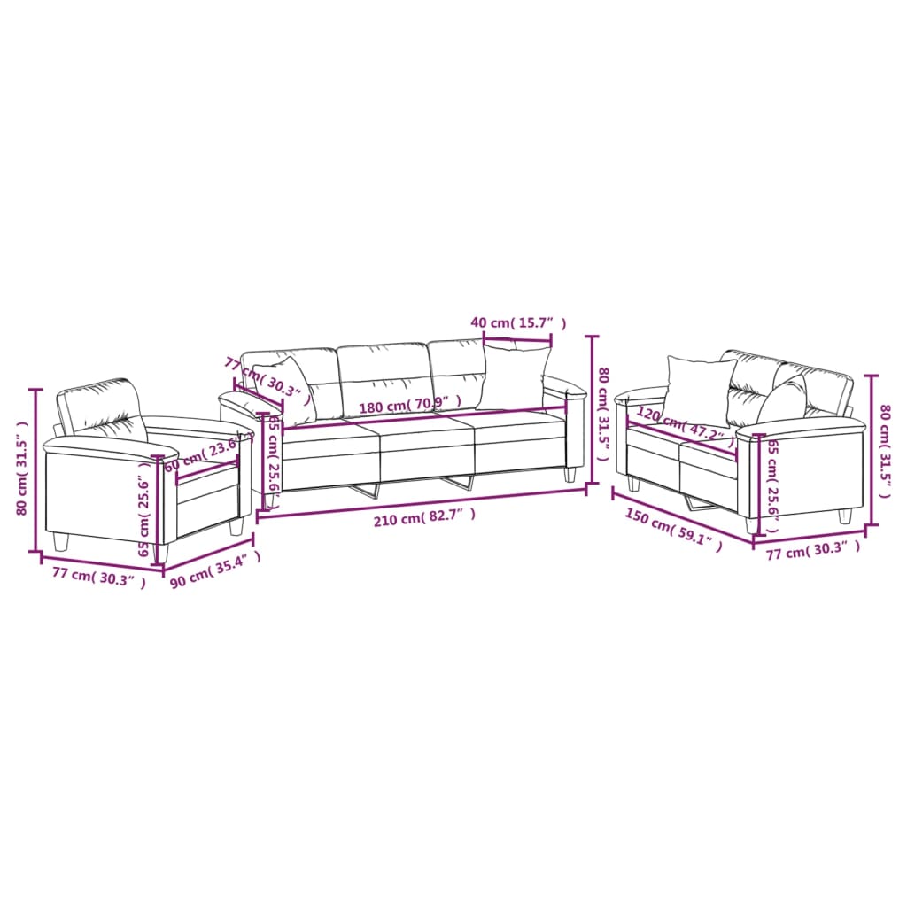 3 Piece Sofa Set with Pillows Dark Grey Microfibre Fabric
