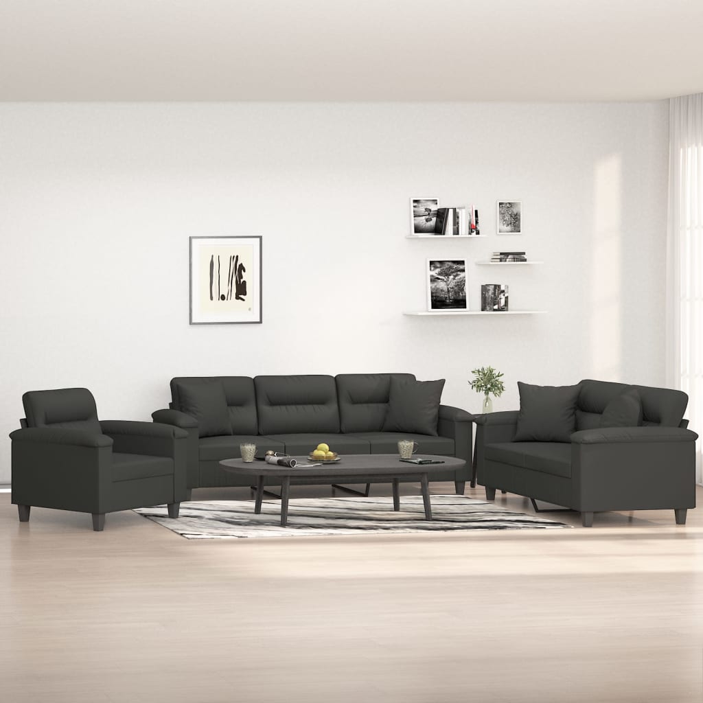 3 Piece Sofa Set with Pillows Dark Grey Microfibre Fabric