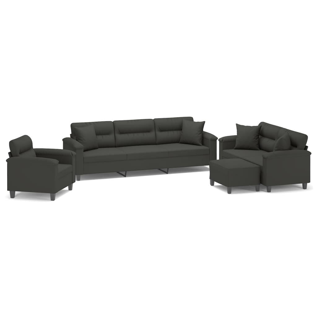 4 Piece Sofa Set with Pillows Dark Grey Microfibre Fabric