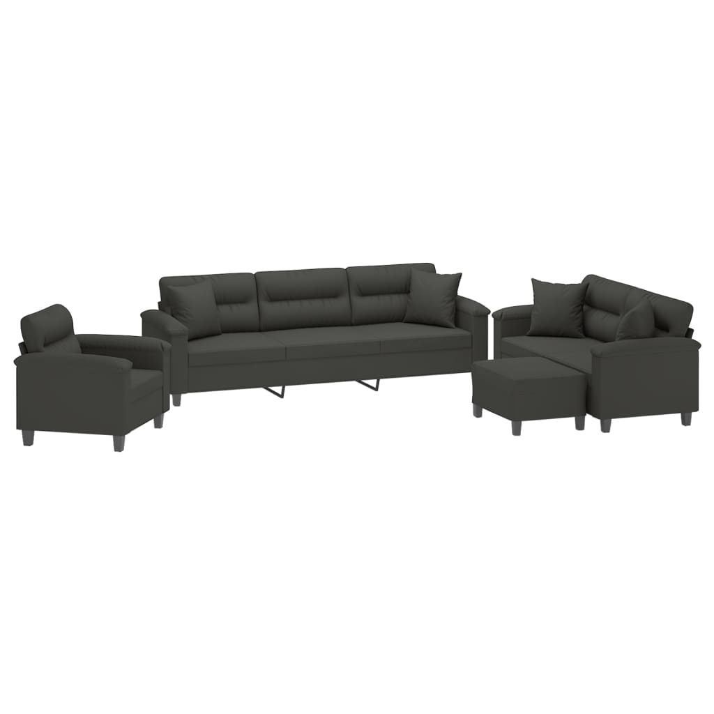 4 Piece Sofa Set with Pillows Dark Grey Microfibre Fabric