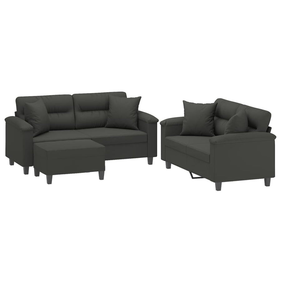 3 Piece Sofa Set with Pillows Dark Grey Microfibre Fabric