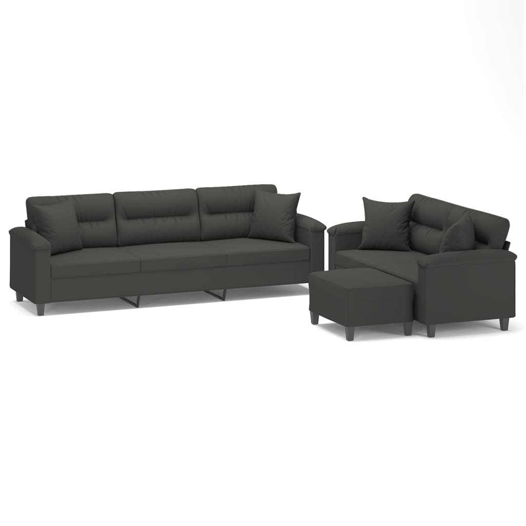 3 Piece Sofa Set with Pillows Dark Grey Microfibre Fabric