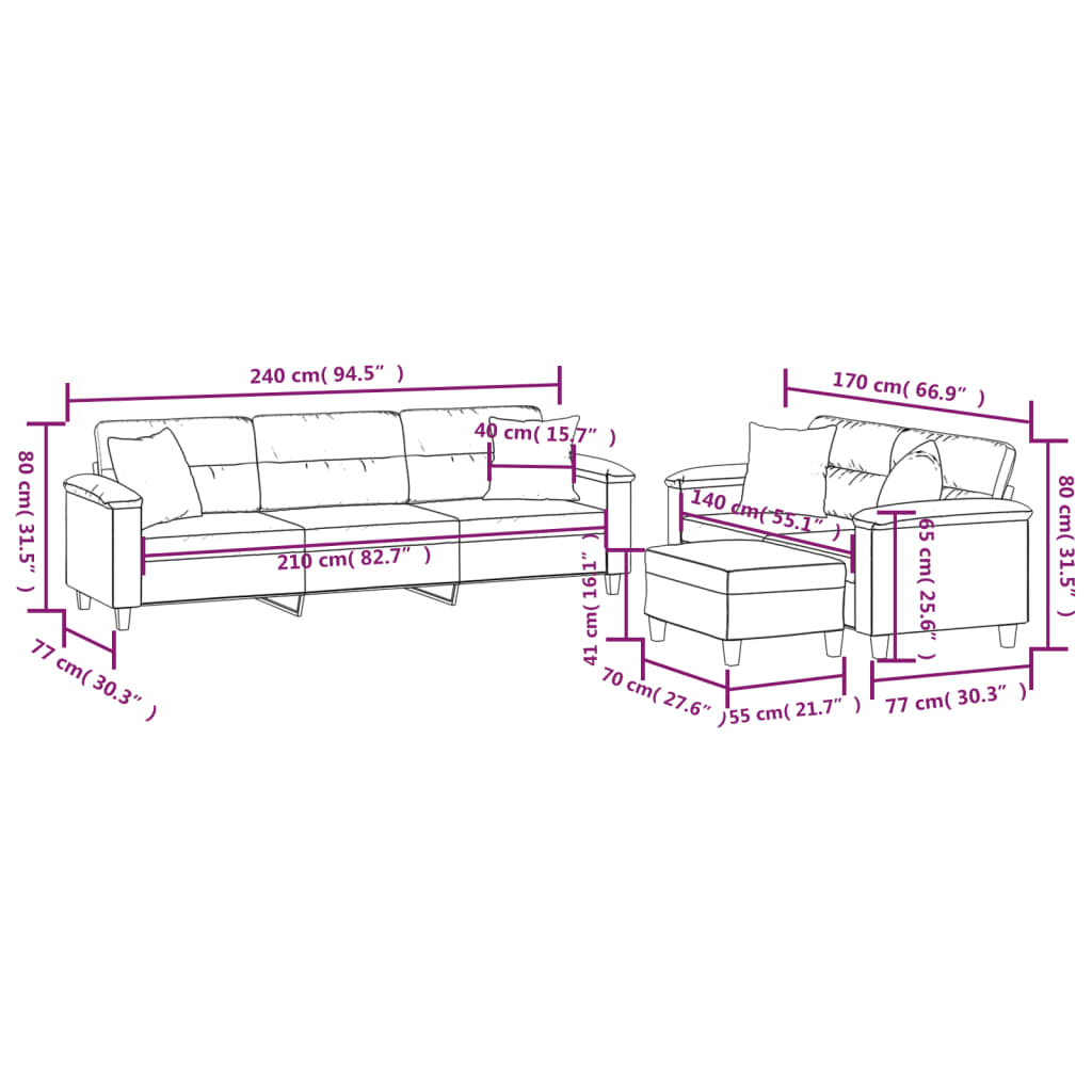 3 Piece Sofa Set with Pillows Dark Grey Microfibre Fabric