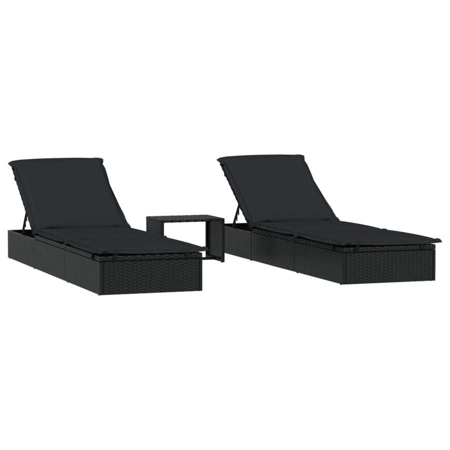 Sunbeds 2 pcs with Table Black Poly Rattan