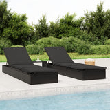 Sunbeds 2 pcs with Table Black Poly Rattan