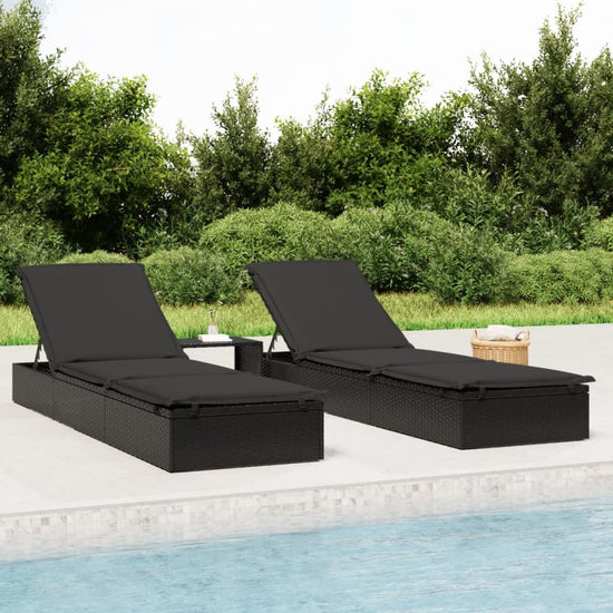 Sunbeds 2 pcs with Table Black Poly Rattan