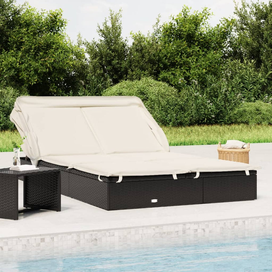 2-Person Sunbed with Foldable Roof Black 213x118x97 cm