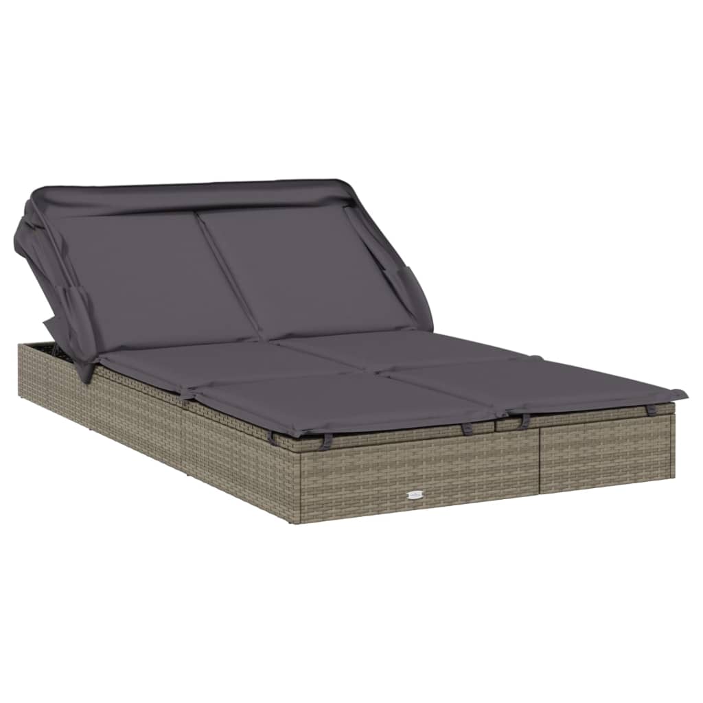 2-Person Sunbed with Foldable Roof Grey 213x118x97 cm Poly Rattan