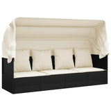 Outdoor Lounge Bed with Roof and Cushions Black Poly Rattan - Front View