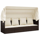 Outdoor Lounge Bed with Roof and Cushions Brown Poly Rattan - Front View