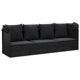 Outdoor Lounge Bed with Roof and Cushions Black Poly Rattan