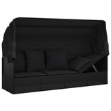 Outdoor Lounge Bed with Roof and Cushions Black Poly Rattan - Low Angle
