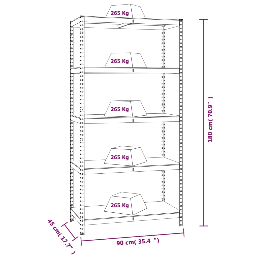 5-Layer Heavy-duty Shelves 2 pcs Silver Steel and Engineered Wood