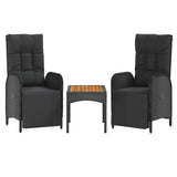 Garden Reclining Chairs 2 pcs with Table Black Poly Rattan - Front View