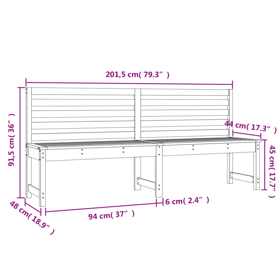 Garden Bench Black 201.5 cm Solid Wood Pine