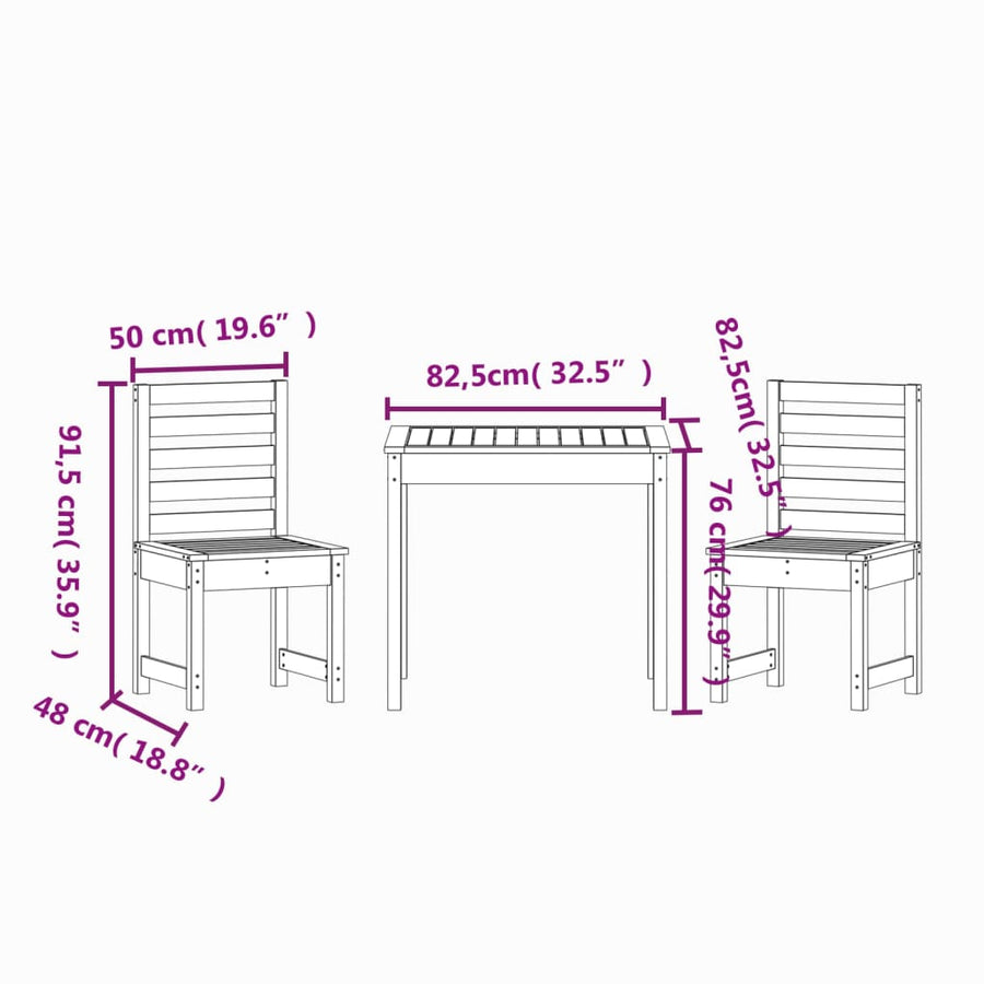 3 Piece Garden Bistro Set White Solid Wood Pine