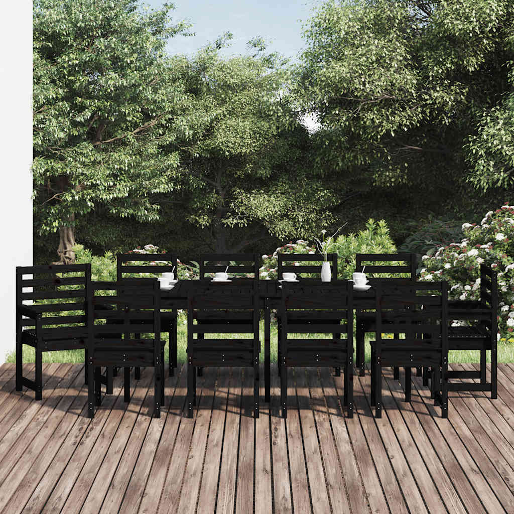 11 Piece Garden Dining Set Black Solid Wood Pine