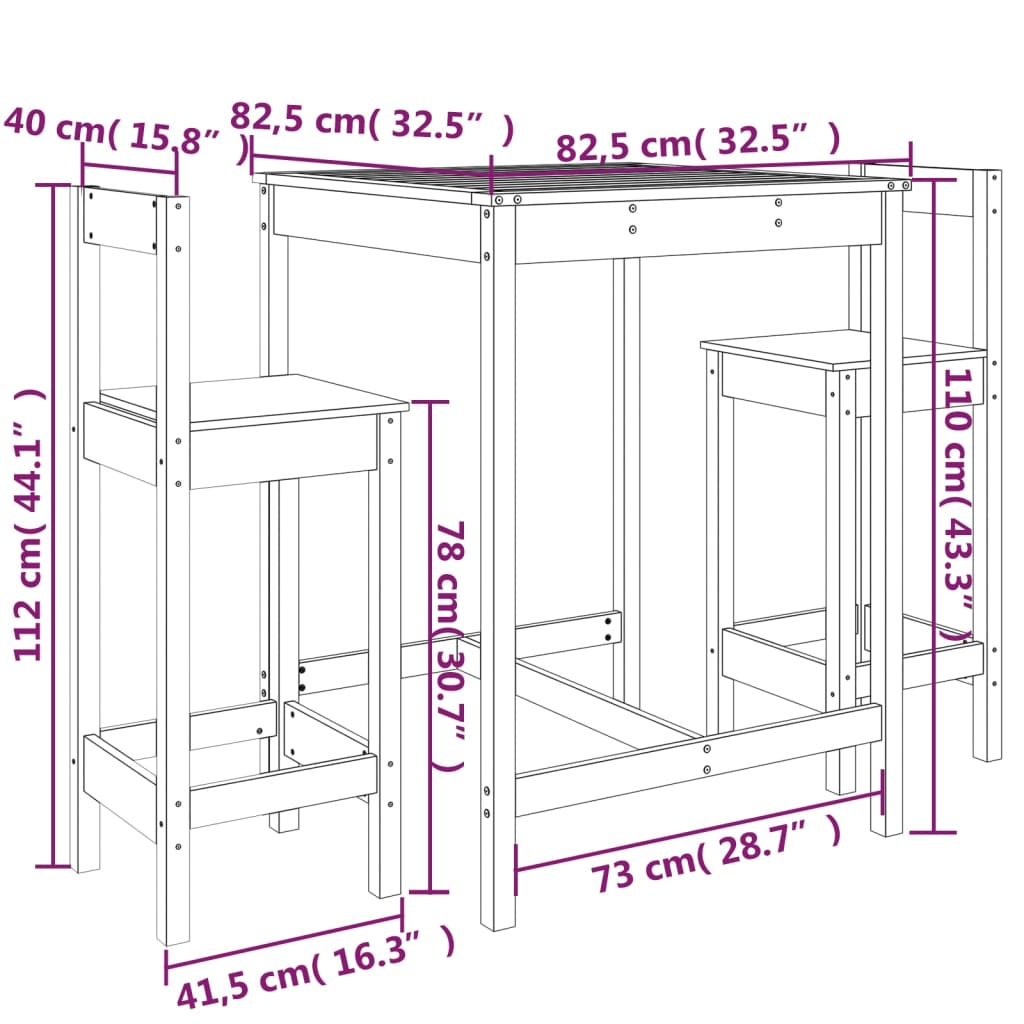 3 Piece Garden Bar Set Grey Solid Wood Pine