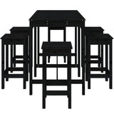 7 Piece Garden Bar Set Black Solid Wood Pine - 45-Degree Angle