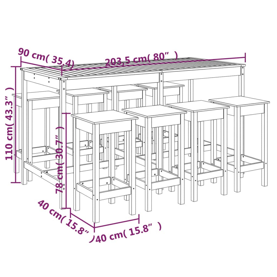 9 Piece Garden Bar Set White Solid Wood Pine