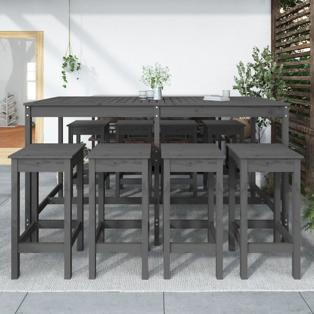 9 Piece Garden Bar Set Grey Solid Wood Pine