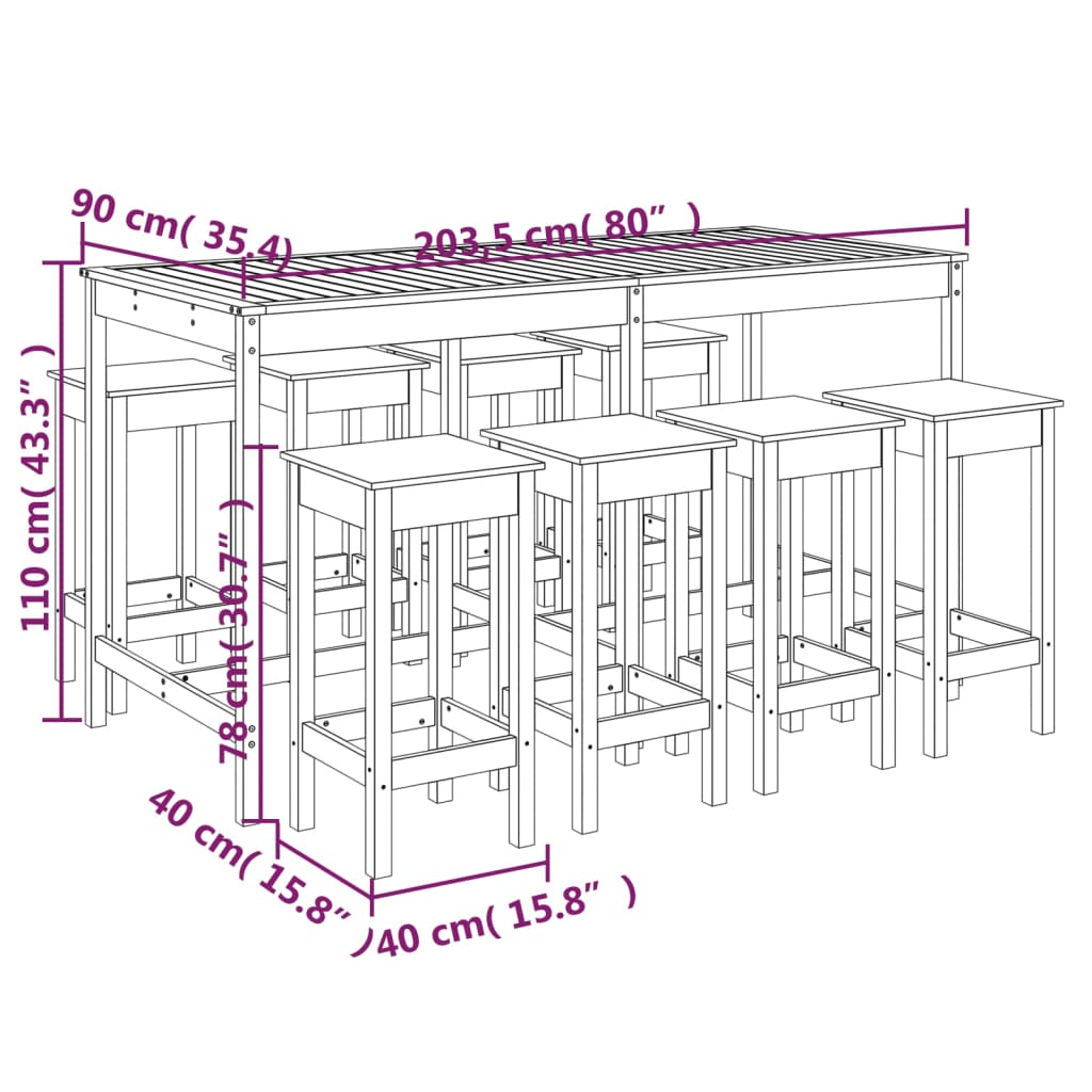 9 Piece Garden Bar Set Grey Solid Wood Pine