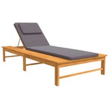 Sun Lounger with Dark Grey Cushion and Pillow Solid Wood Acacia - Front View