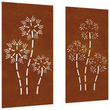 Garden Wall Decorations 2pcs 105x55cm Corten Steel Flower Design - Front View