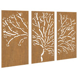 Garden Wall Decorations 3 pcs 105x55 cm Corten Steel Tree Design - Front View