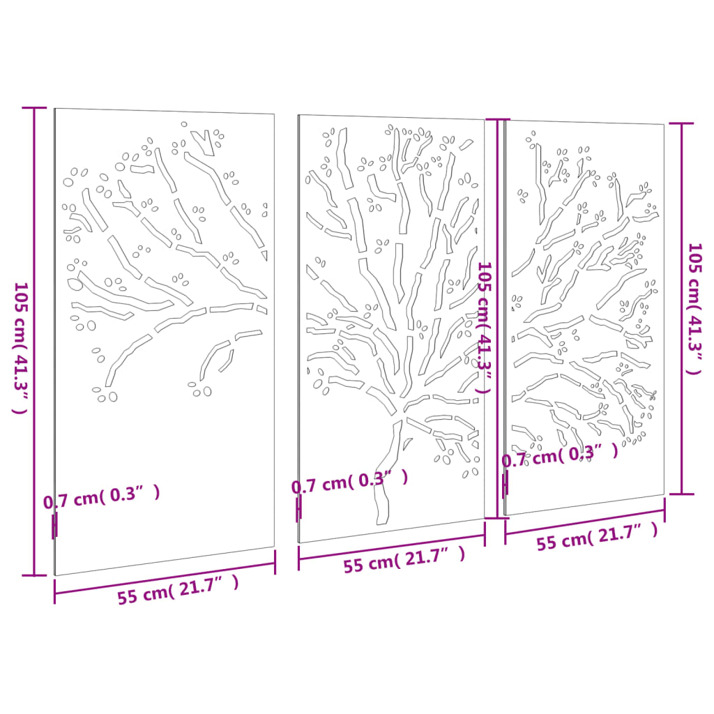 Garden Wall Decorations 3 pcs 105x55 cm Corten Steel Tree Design